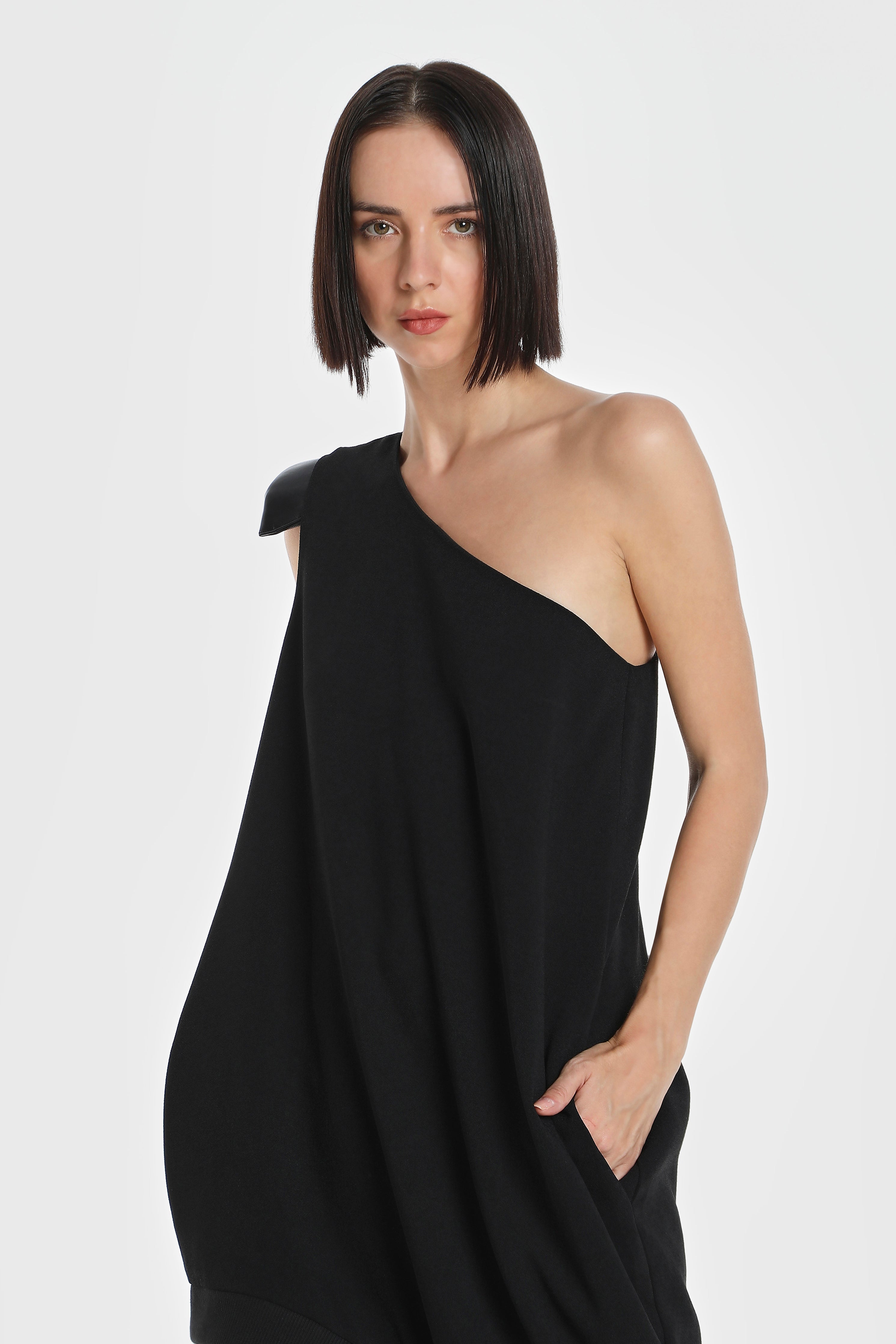 ONE SHOULDER DRESS W/ VEGAN LEATHER SHOULDER PAD