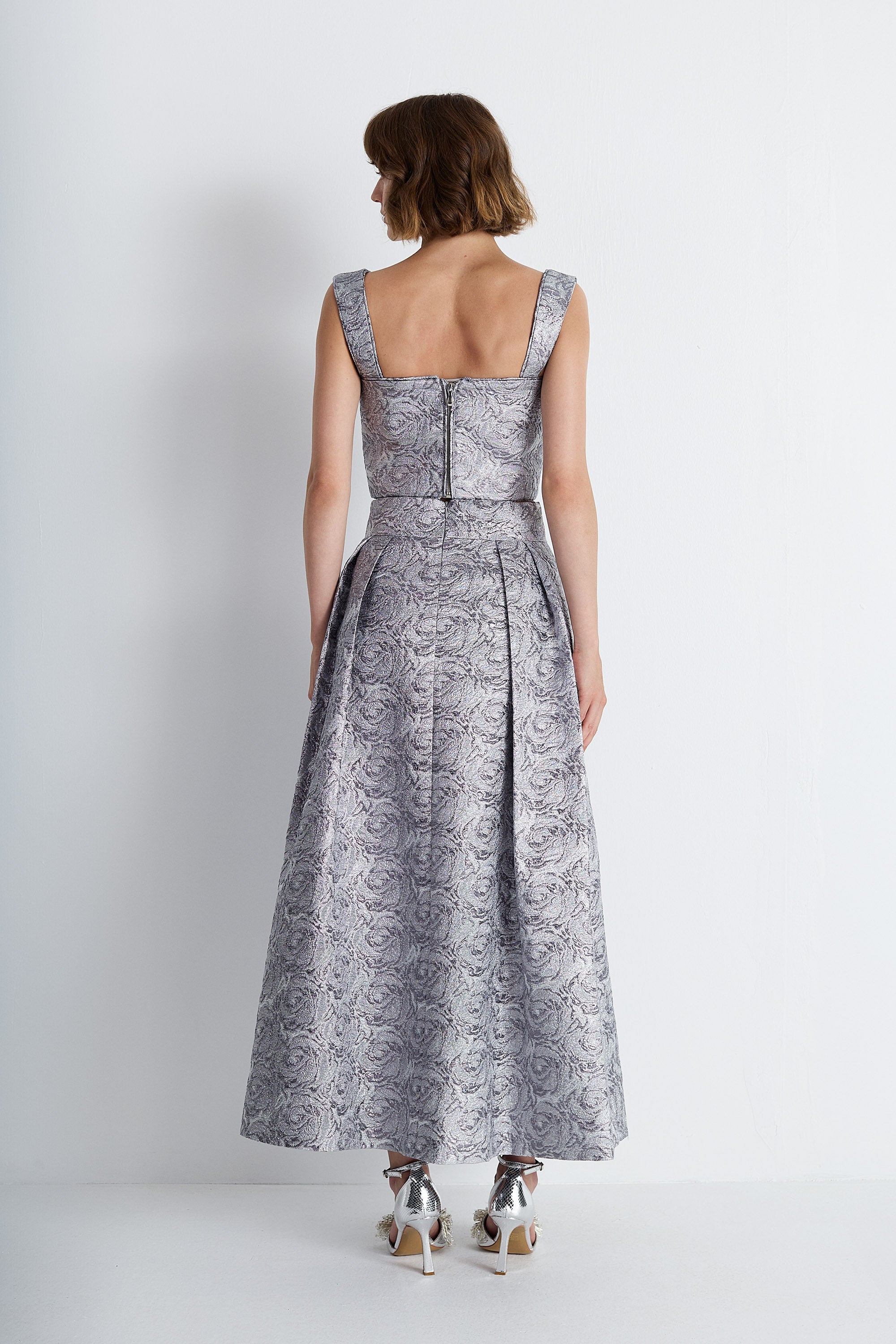 Nean Silver Brocade Cropped Top Dark Silver