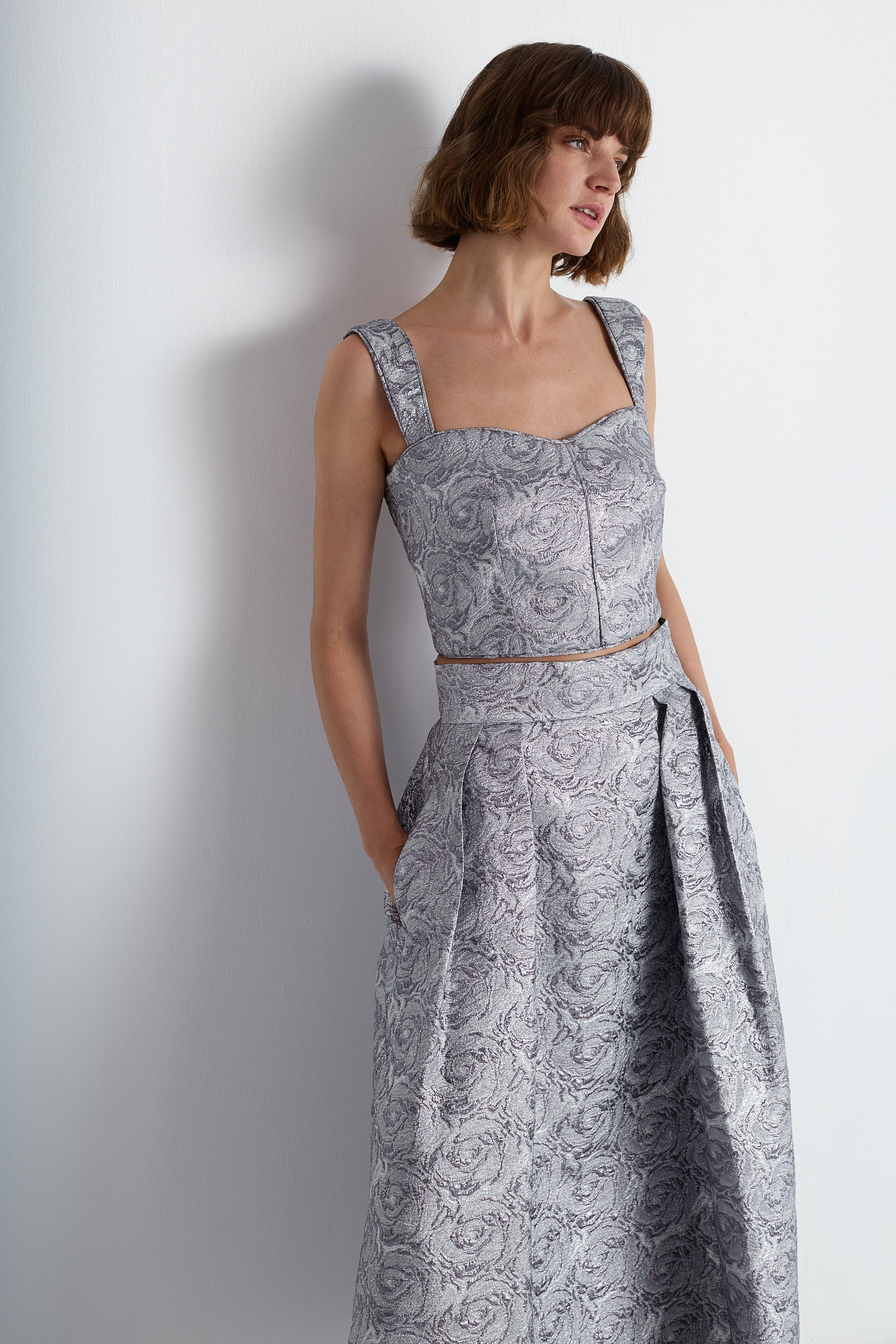 Nean Silver Brocade Cropped Top Dark Silver